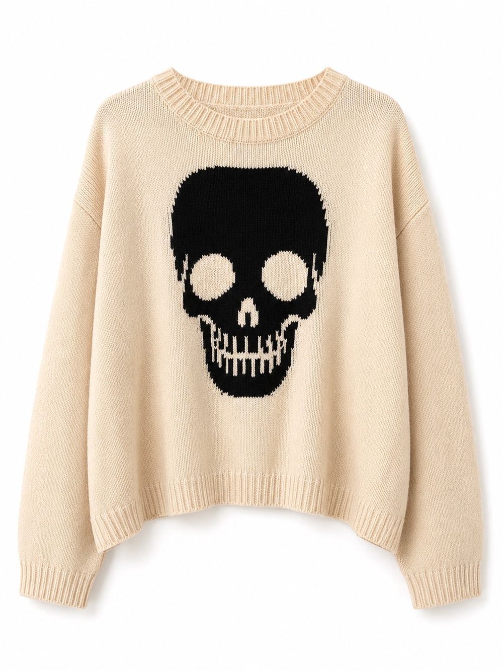 Cream Skull Knit Sweater Oversized Gothic Y2K Grunge Pullover Size S